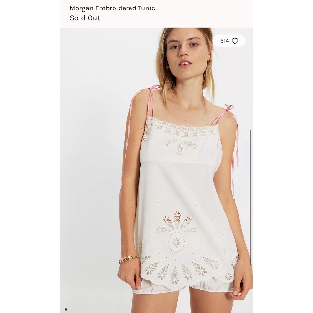 Free People Morgan Embroidered Tunic Ivory Pink Tie Straps Size L NWT $168 Boho